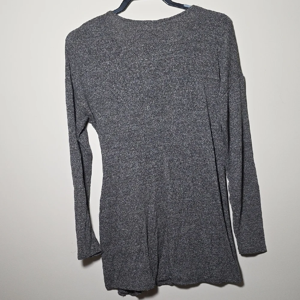 Lush Heathered Taupe Knit Wrap Dress Long Sleeve Tie Waist Mini - Picture 4 of 5